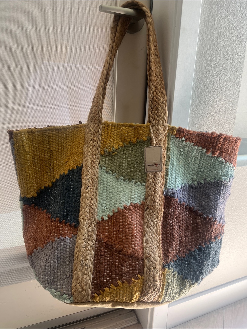 Braided Handle Patchwork Multicolor Tote
